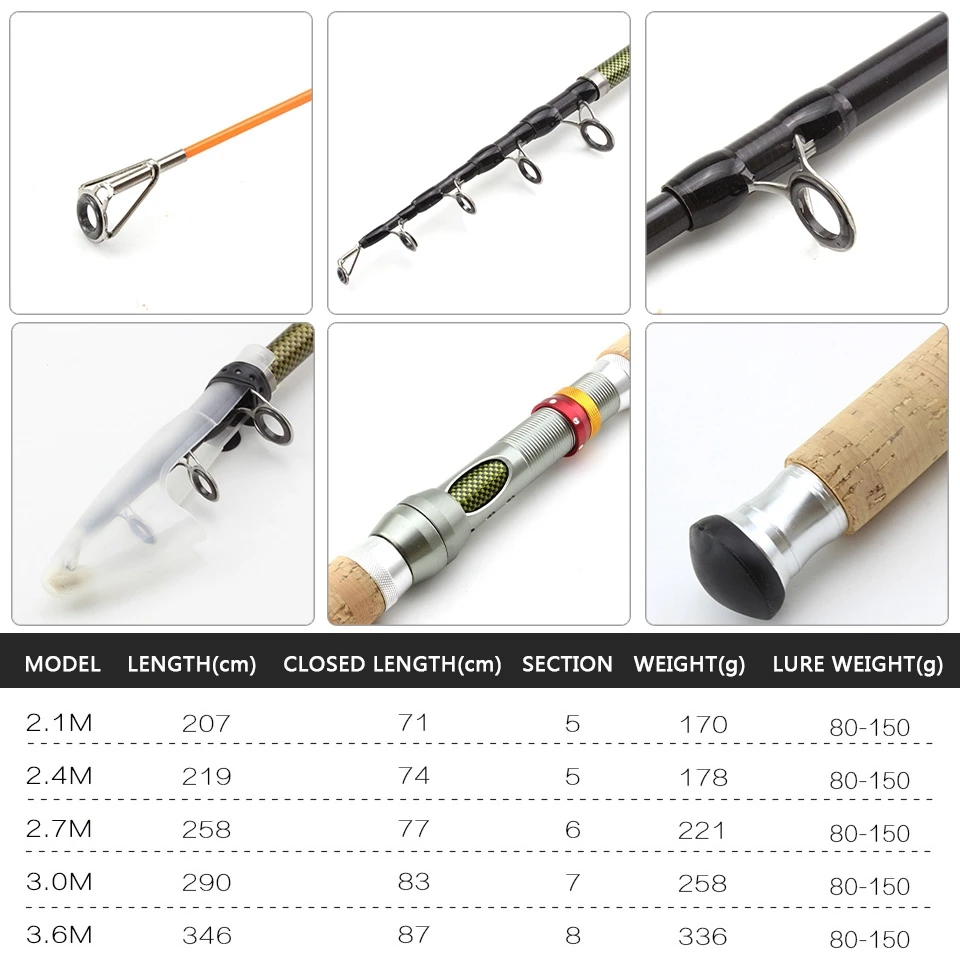 2.1m 2.4m 2.7m 3.0m 3.6m Telescopic Fishing Rod carbon wooden handle Spinning Rod Extra heavy carp fishing pole sea Tackle 2