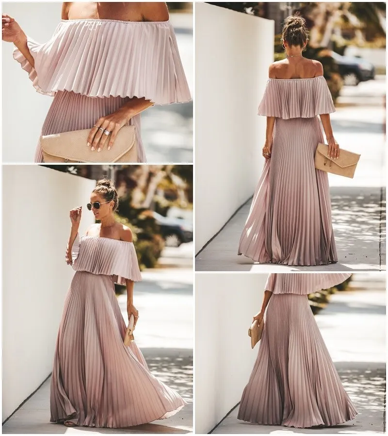 Длинное Плиссированное шифоновое платье с открытыми плечами для женщин осеннее Однотонное Платье макси с открытыми плечами элегантное вечернее платье с оборками vestidos