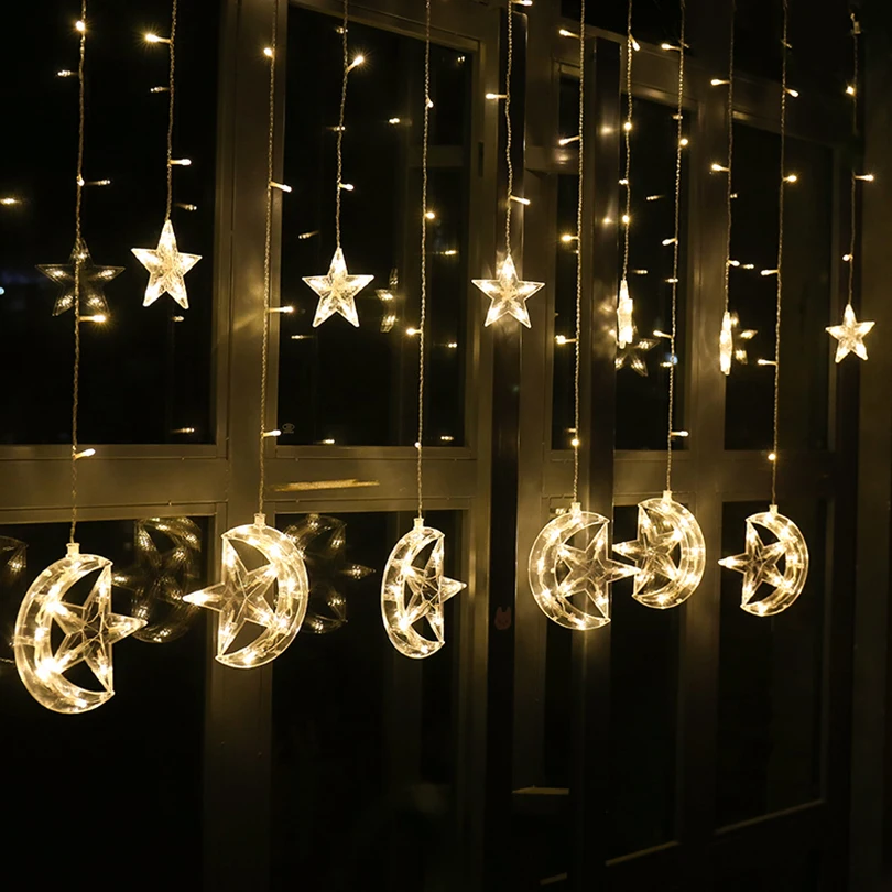 2.5M 138leds moon star Icicle LED Curtain String Light Garden Xmas Christmas Ramadan Wedding Pop Year Party Decoration Lights