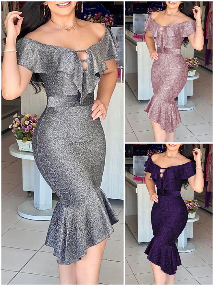 

Summer Women Plain Glitter Ruffles Cutout Asymmetrical Dress 2021 Femme Casual Off Shoulder Party Robe Lady Evening Clothing