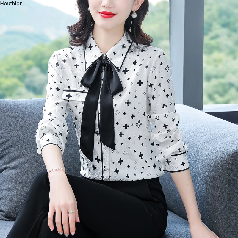 

Summer New Women's Blouses Polo Collar Shirt Long Sleeve Tops Printed Bow Chiffon Casual Fashion Loose