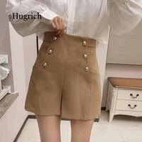 women 2021 chic fashion with pockets decorative buttons shorts vintage high waist back zipper female short pants mujer