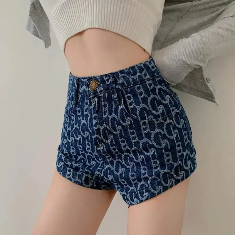 

Chic Letters Print Jeans Button Denim Shorts Bodycon Skinny Hot Girls Streetwear Vintage Blue Hip Hop Sexy Women Korean Fashion