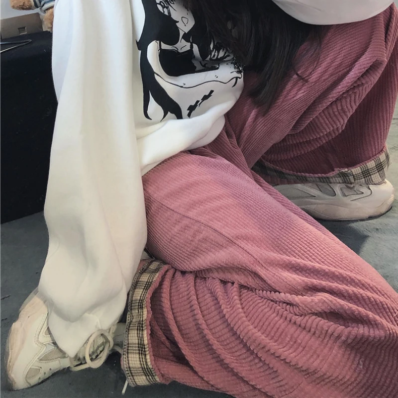 Винтажные женские вельветовые брюки JMPRS обжимные клетчатые широкие с эластичным