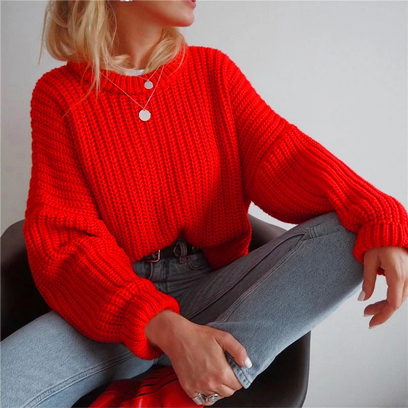 

Autumn Women Solid Sweater Elegant O-Neck Female Knitted Sweater Casual Long Sleeve Warm Oversized Sweater Jumpers