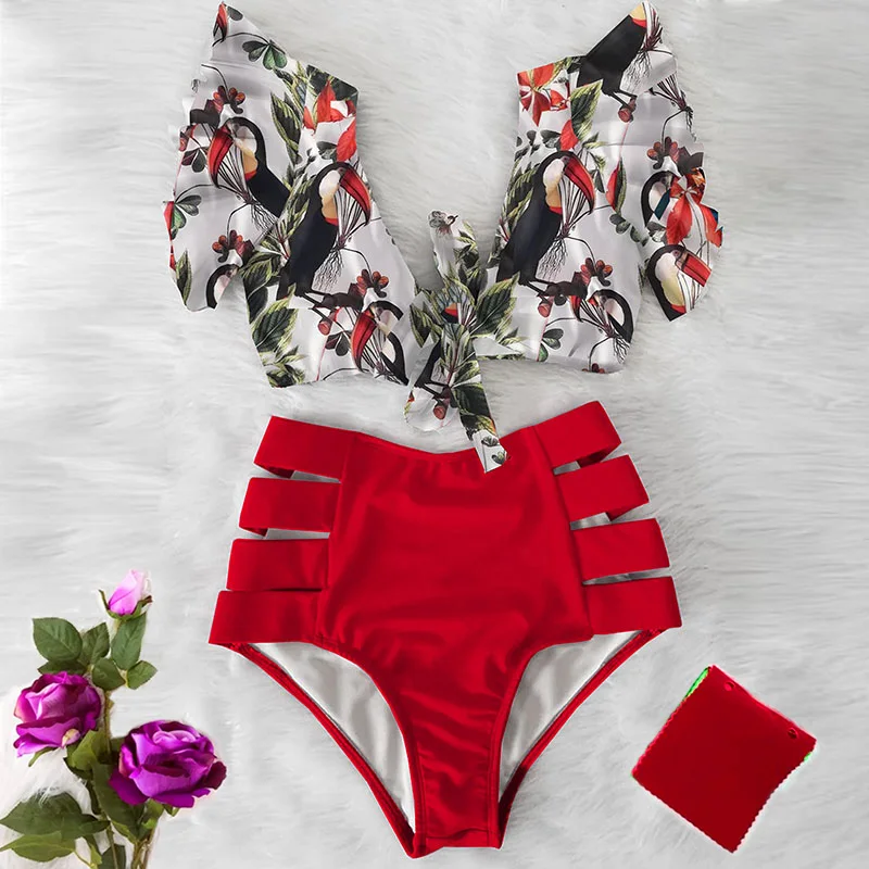 Sexy Bikinis 2021 New Double Shoulder Ruffle Bikini Set High Waist Swimwear Women Swimsuit V-Neck Bathing Suit Beach Wear Swim