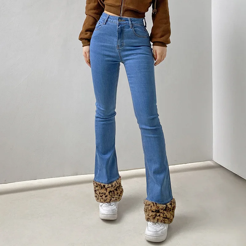 

Джинсы женские в стиле пэчворк с леопардовым принтом, винтажные облегающие брюки-клеш из денима с заниженной талией, в стиле 90-х, Y2K
