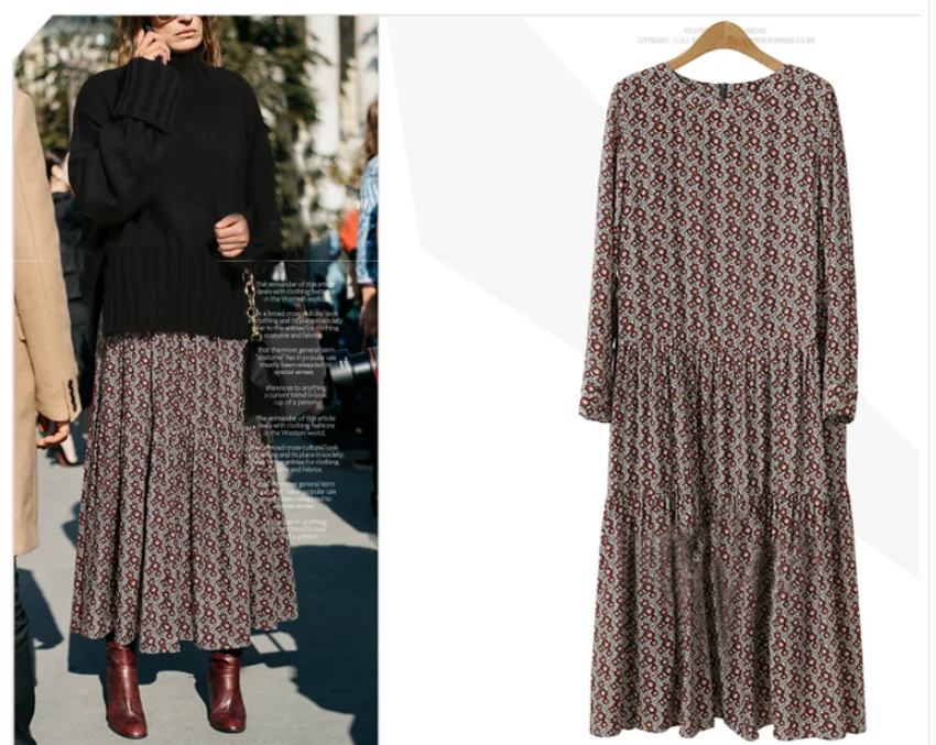 Женское осенне-зимнее шифоновое платье с длинным рукавом и принтом в европейском