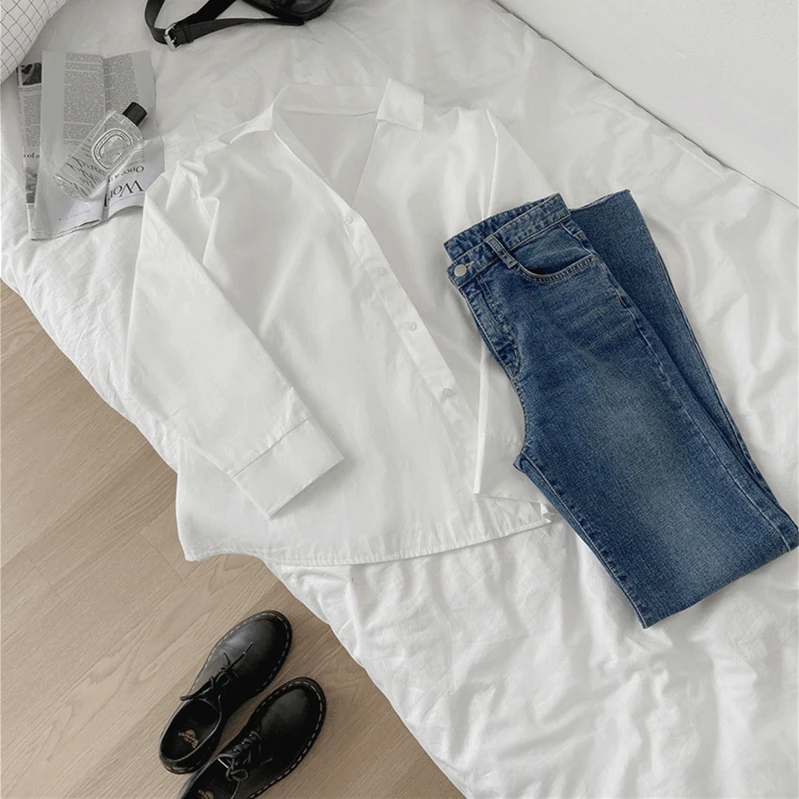 

New 2021 Women Spring Summer Blouses Shirts Buttons Chic Elegant Oversize Office Korean Style Lady Wild Tops