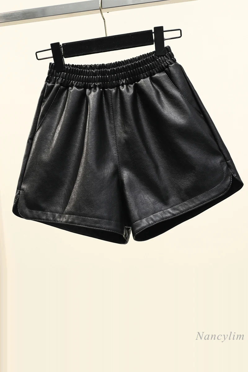 

Plus Size Black Leather Shorts Women 2020 New Autumn and Winter High Elastic Waist Large Size Loose Wide Leg PU Boots Shorts