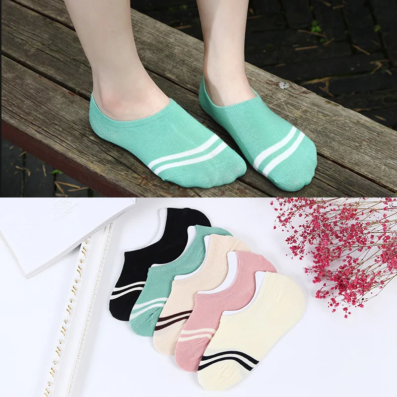 

5 Pairs Of Summer Women's Socks New Fashion Cotton Invisible Boat Socks Silicone Non-slip Breathable Cute Women Socks