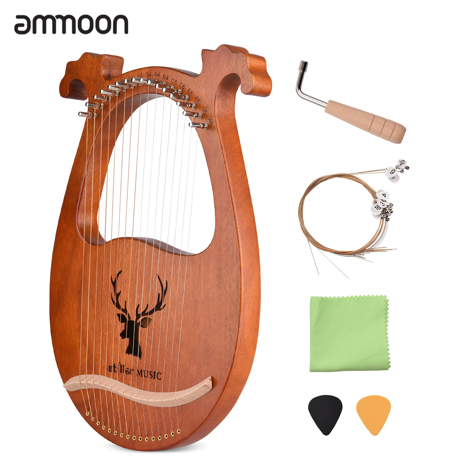 

ammoon 16 String Lyre Harp Solid Wood String Instrument with Elk Pattern Tuning Hammer Strings Cleaning Cloth Picks