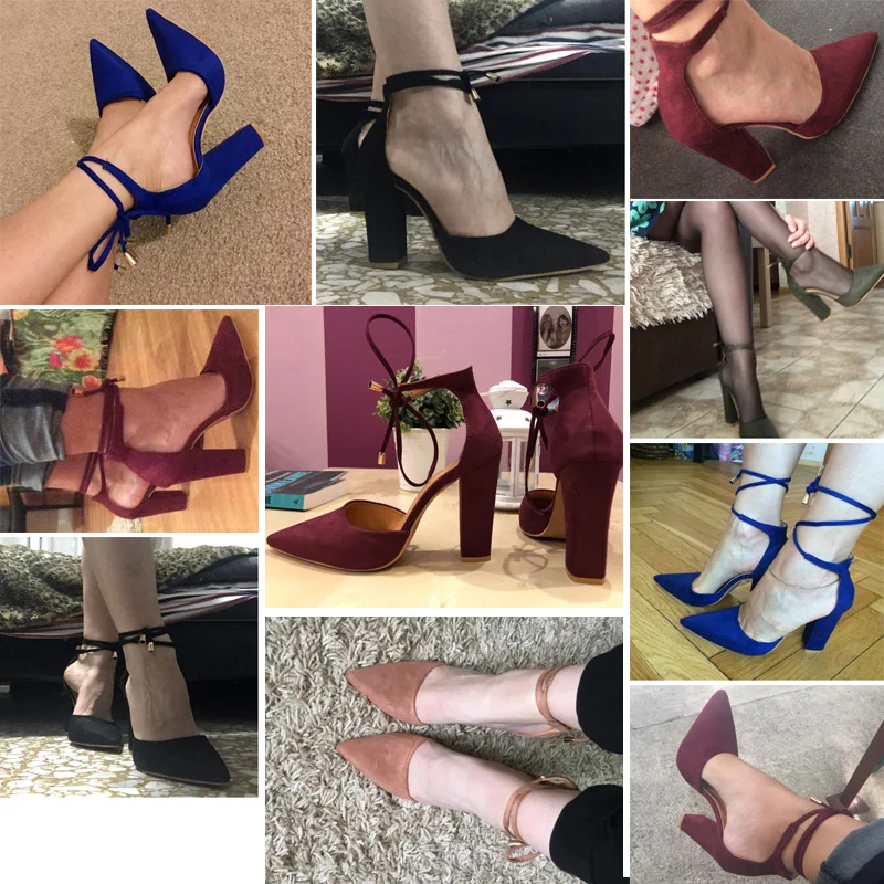 

New Spring Sexy Women Shoes Pointed Strappy Pumps Retro High Thick Heels Shoes Female Autumn Lace Up Shoes 6 Colors