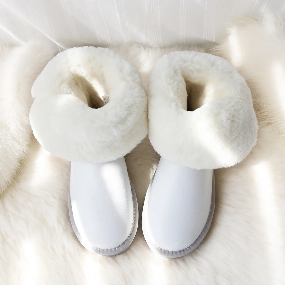 Зимние сапоги; женские сапоги из натуральной овечьей кожи; обувь из водонепроницаемой кожи; белые сапоги из овечьей шерсти; женские зимние сапоги до середины голени на плоской подошве с мехом