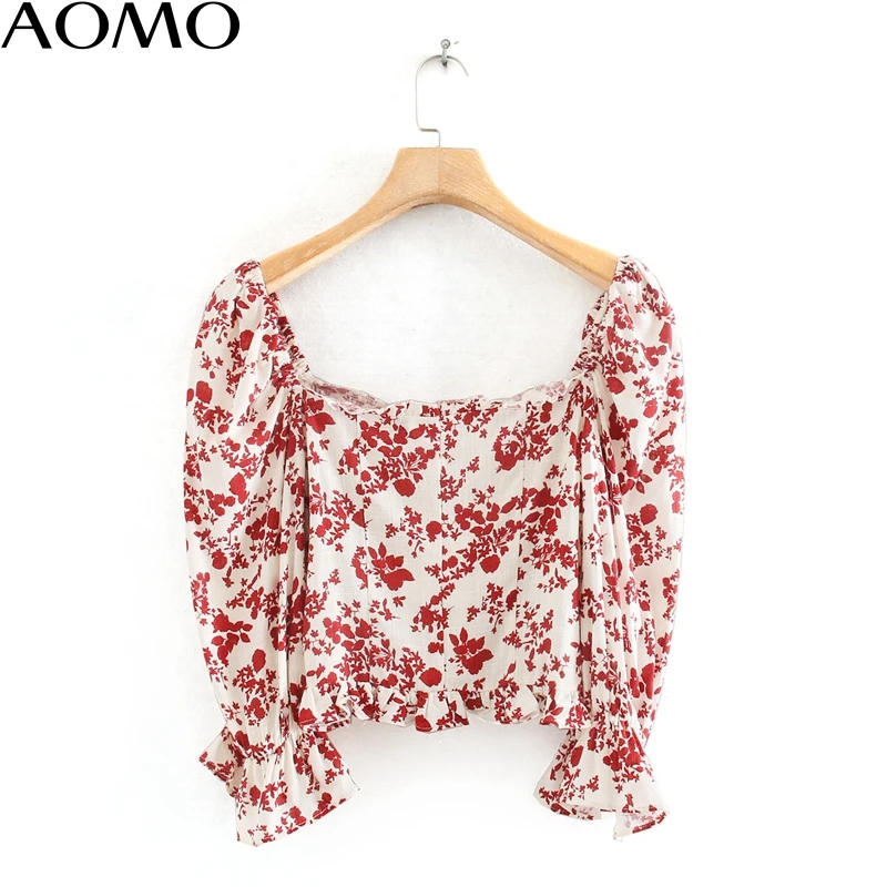

AOMO 2020 fashion women retro ruffles floral print blouse summer flare sleeve chic female pleated shirt blusas 3W82A