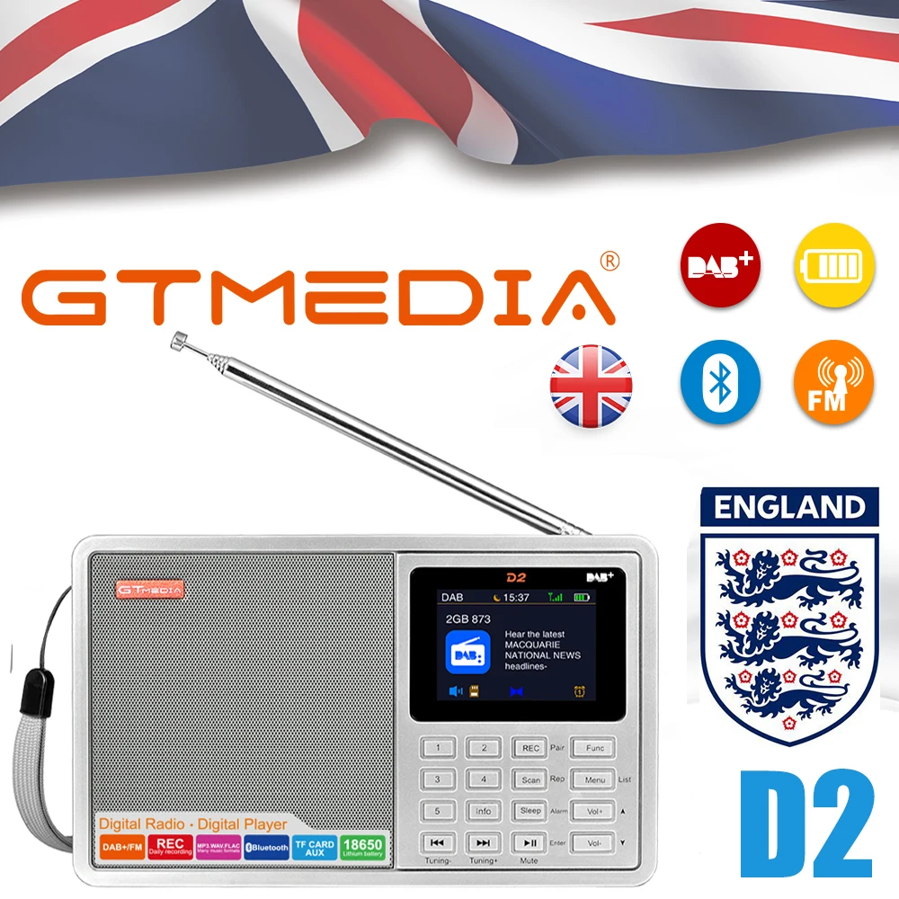GTMEDIA D2 портативный радио FM Bluetooth DAB стерео с TFT-LCD цветной дисплей Будильник Поддержка Micro SD TF карты AUX вход