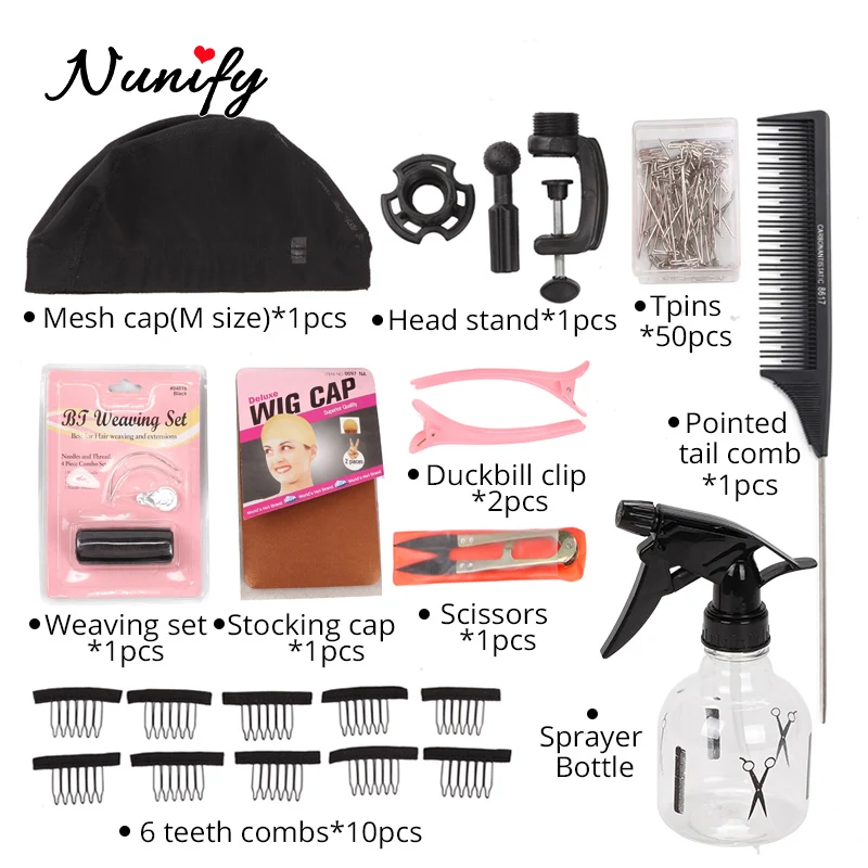 Nunify Mannequin Head Holder Wig Block Head With T Pins Tail Comb Hloder Stand Mesh Dome Caps For Making Wigs Accessories 11Pcs
