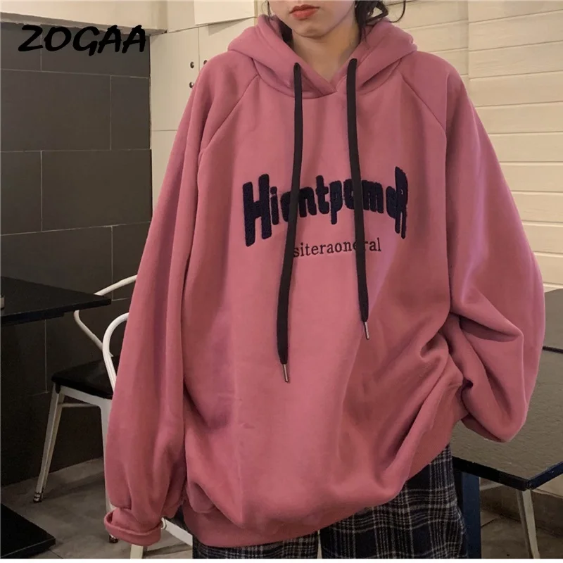 

Женская толстовка с капюшоном ZOGAA, с бархатной подкладкой, свободная кофта с надписью в Корейском стиле на осень и зиму, Топ в стиле Харадзюку