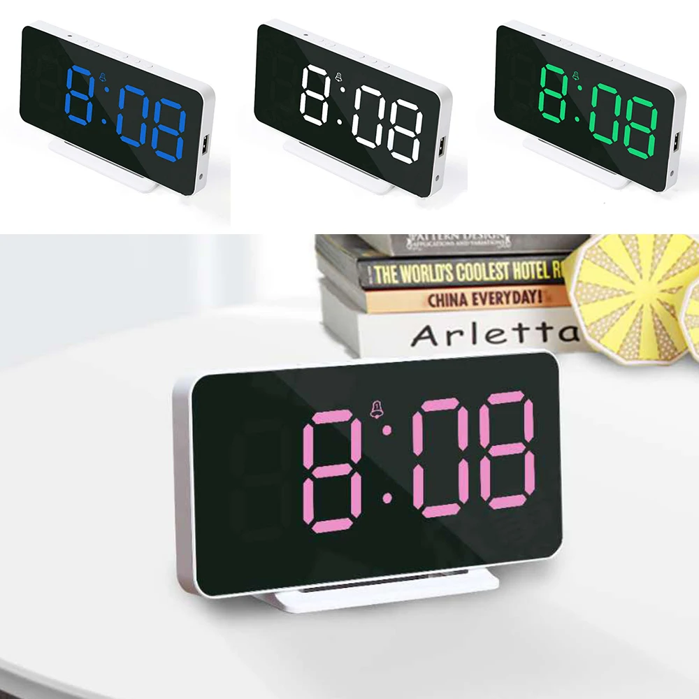 

Digital Mirror Surface USB Electric LED Alarm Clock With Snooze Table Desktop 15.1*1.2*7.5cm Digital Alarm Clock