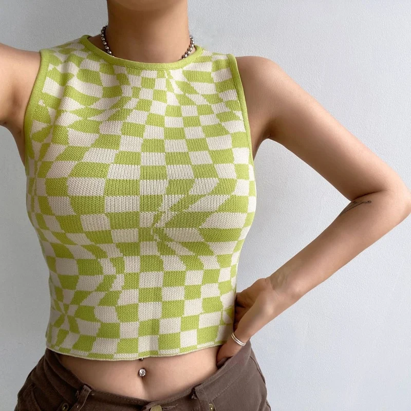 

Crop Plaid Tank Top Summer Tops Women 2021 Tanks Camis Women's Summer T-shirts Sleeveless Pulovers Harajuku Streetwear Green