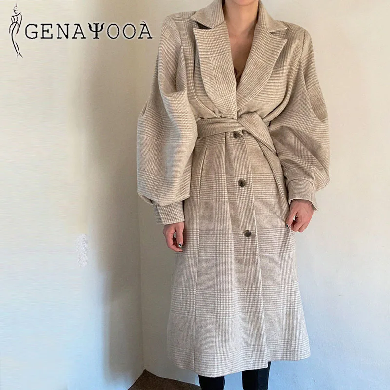 Зимнее кашемировое шерстяное пальто Genayooa 2020 длинное на шнуровке с отложным