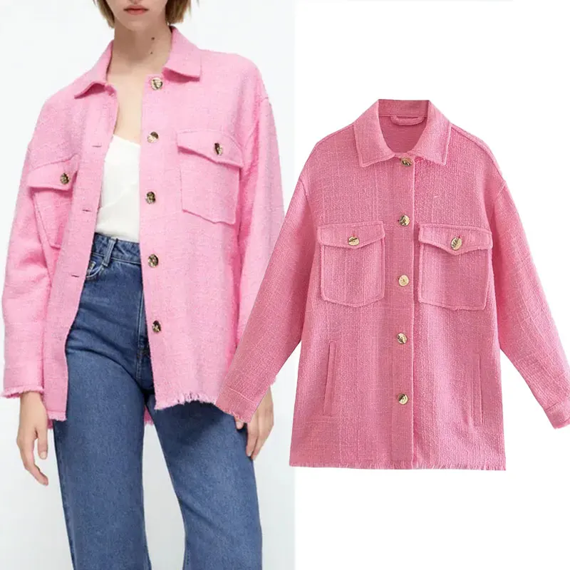 

Za Women Jacket 2021 Autumn Vintage Texture Shirts Jackets Coat Casual Long Sleeve Pocket Fashion Button-up Female Oversize Tops