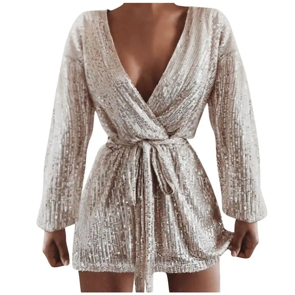 Женское сексуальное Клубное платье с v образным вырезом и блестками Серебряное