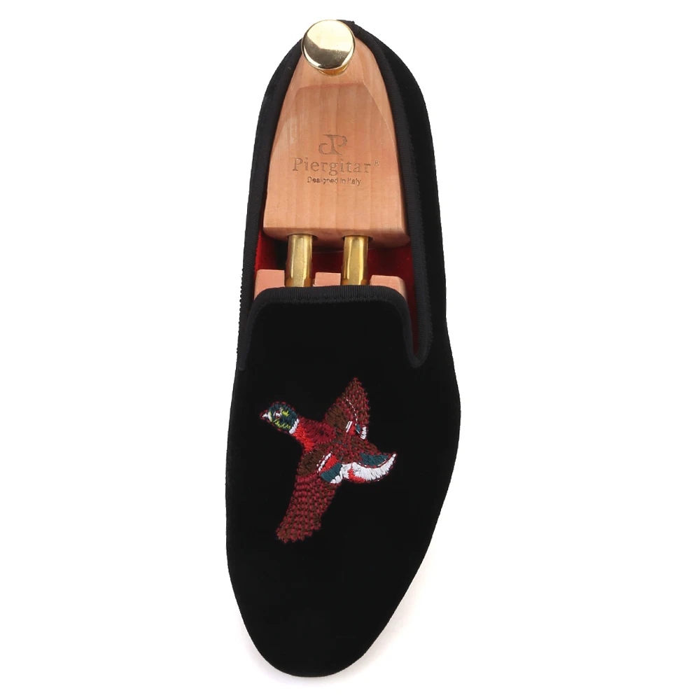 Piergitar handmade bird embroidery men velvet shoe party loafers banquet smoking slippers men's flats plus size | Обувь
