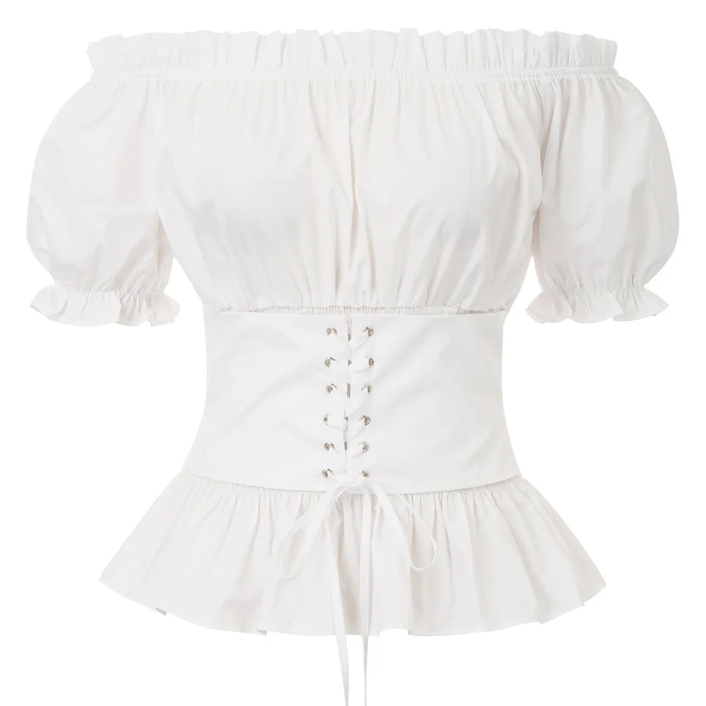

Women Sexy Shirt Off Shoulder Tops Short Sleeve Smocked Back Lace-up Ruffled Renaissance Blouses Summer Clothing Lady Tops New