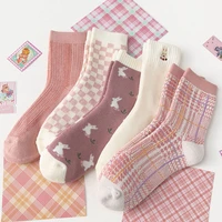 japan plaid socks women pink long socks cotton thicken warm socks female winter streetwear calcetine