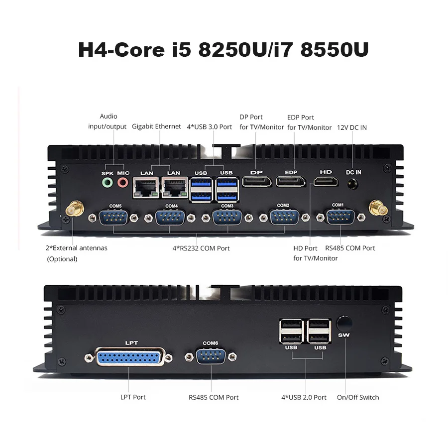 Безвентиляторный промышленный ПК с 3 дисплеями Core i5 8250U Dual Intel Lan i7 5500U RS232 RS485 COM ITX
