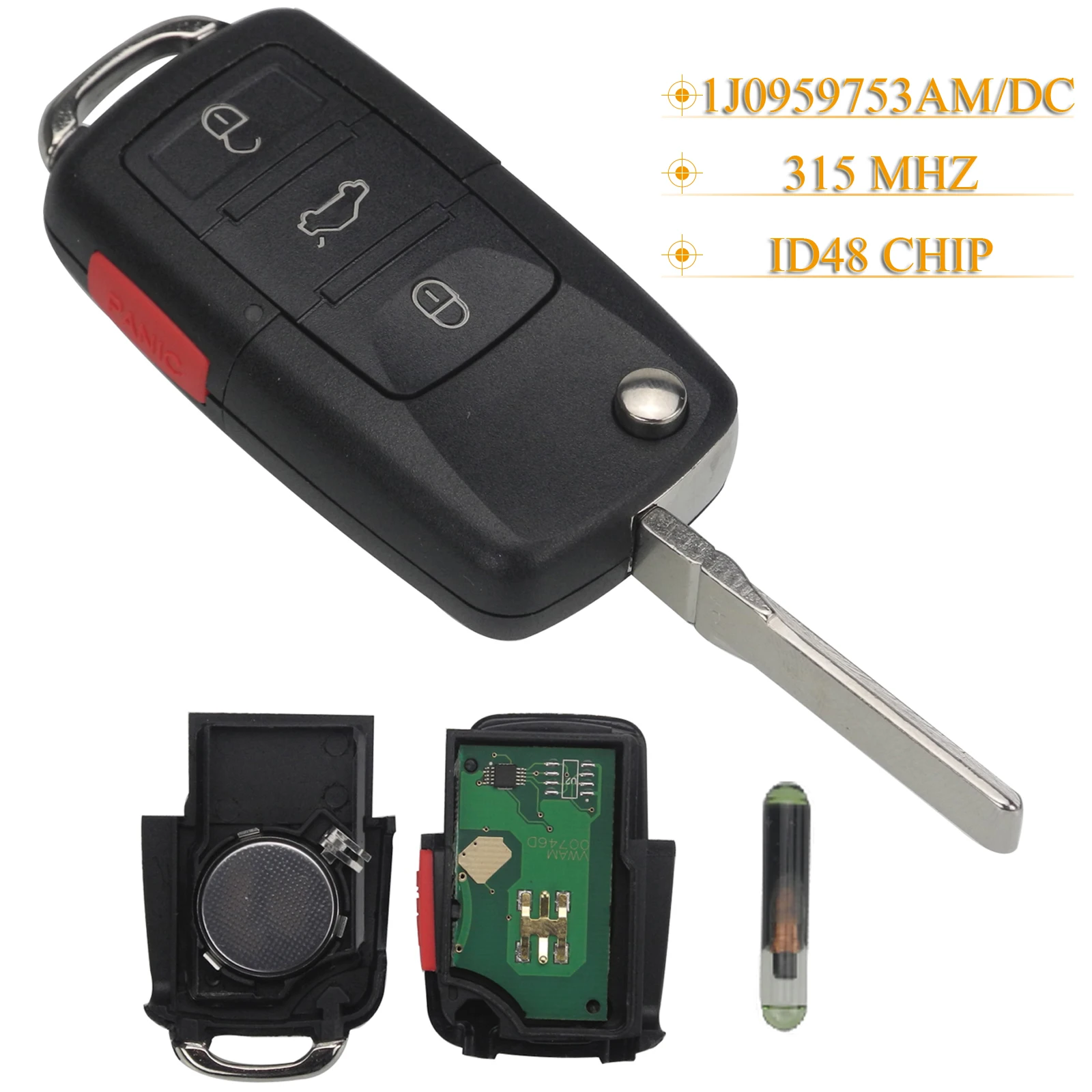 

jingyuqin 4 Buttons Smart Remote Car Key Fob 1J0959753AM/DC 315Mhz ID48 For VW Beetle Passat Jetta GOLF R32 -2008