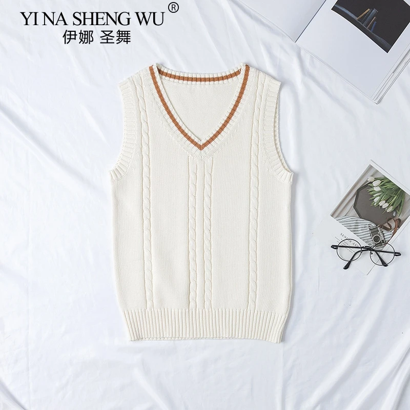 

Сезон весна-осень; Женское платье без рукавов в полоску вязаные жилеты пуловеры с v-образным вырезом Свитера для JK школьная униформа для сту...