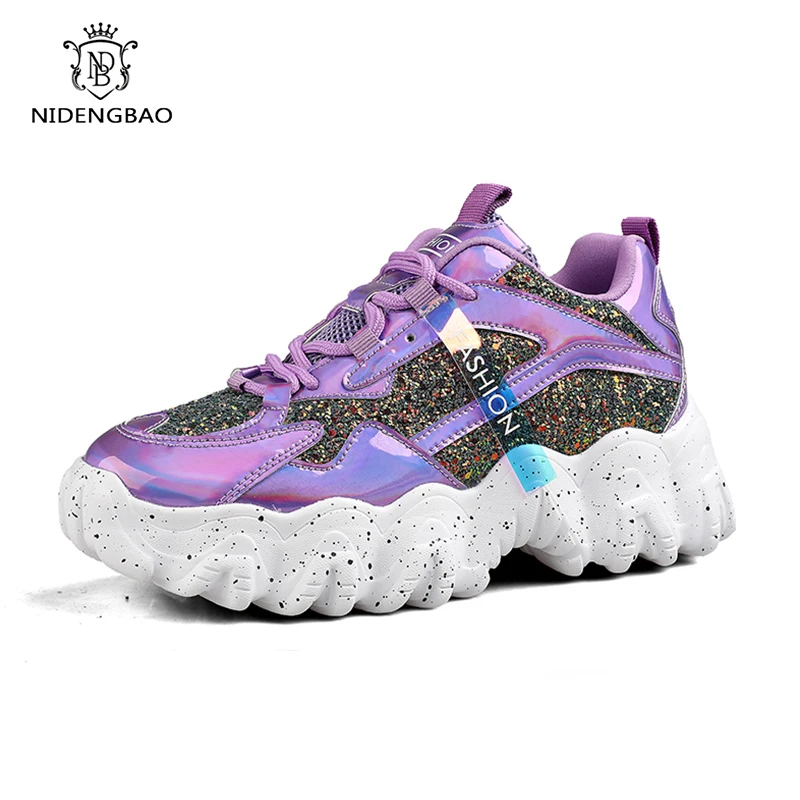 Женские блестящие кроссовки на платформе Вулканизированная подошва массивные