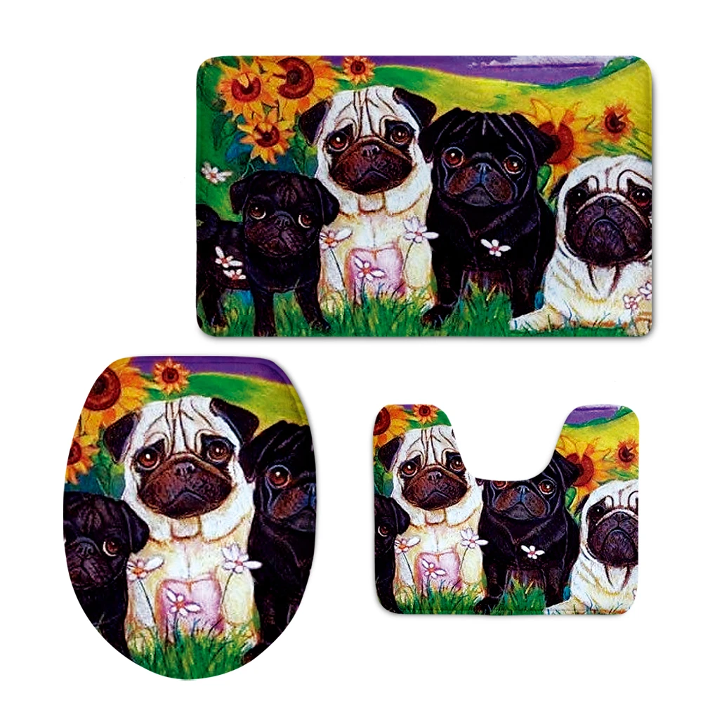 

Washroom Non-slip Floor Carpets Cute Pug Dog Flower Pattern WC Area Rugs Soft Non-Slip 3pcs/set Bathroom Accessories Toilet Mats