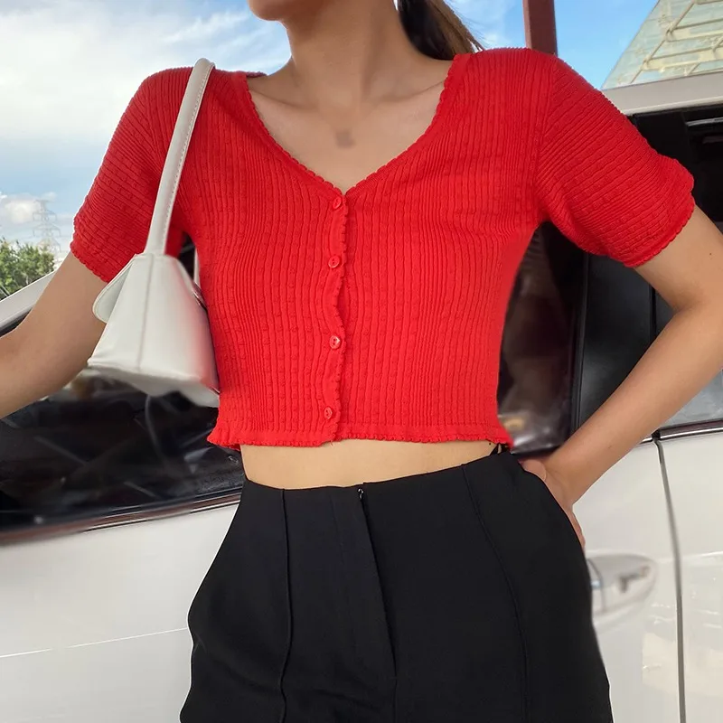 

Summer Women's T-shirts Thin Sweater Korean Fashion V-Neck Knitted Sweaters Solid Color Cardigan Spring Ladies Clothing