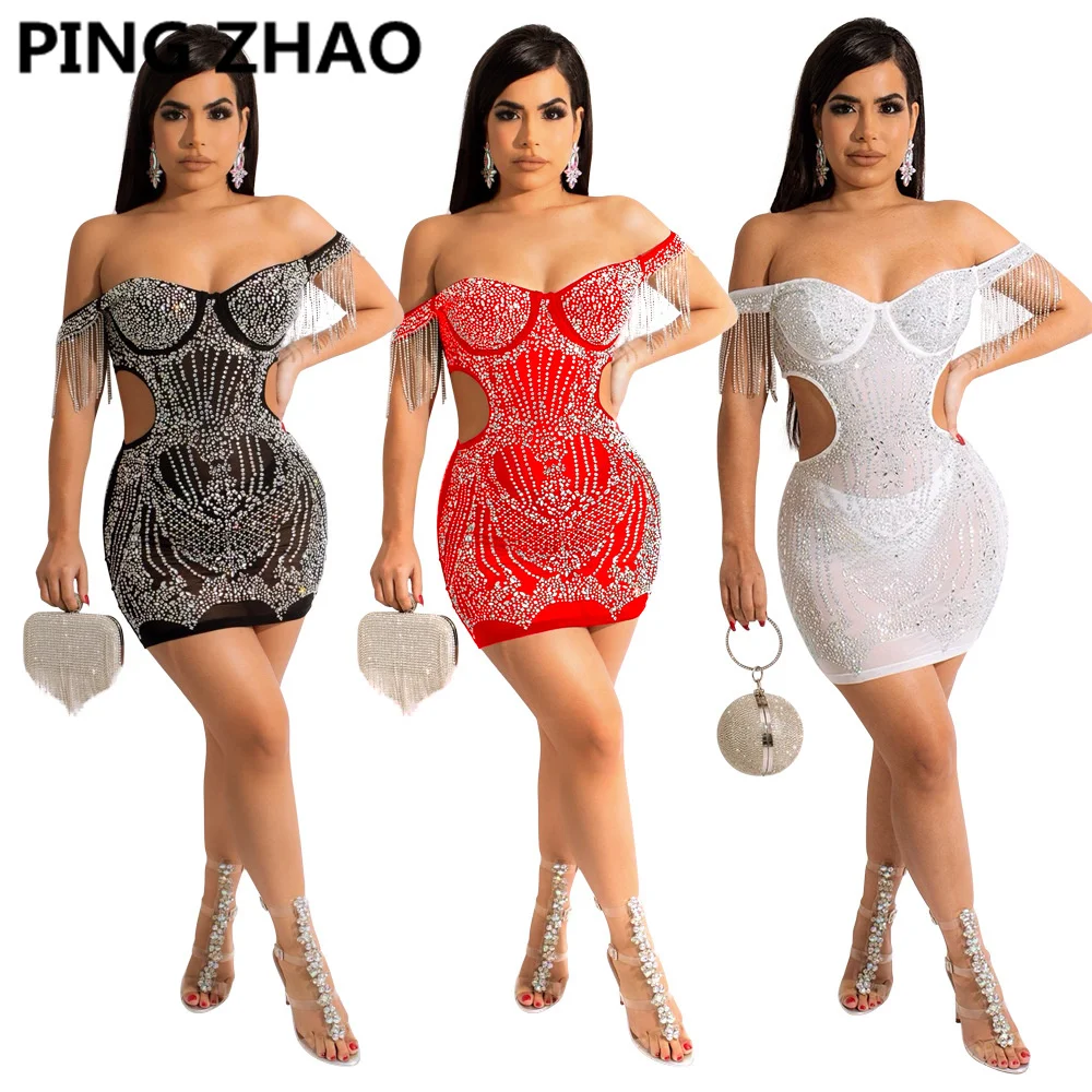 

PING ZHAO Fashion Diamond Tassel Women Bandage Dress Fall Sexy Sheer Off Shoulder Sleeve Bodycon Club Celebrity Evening Party