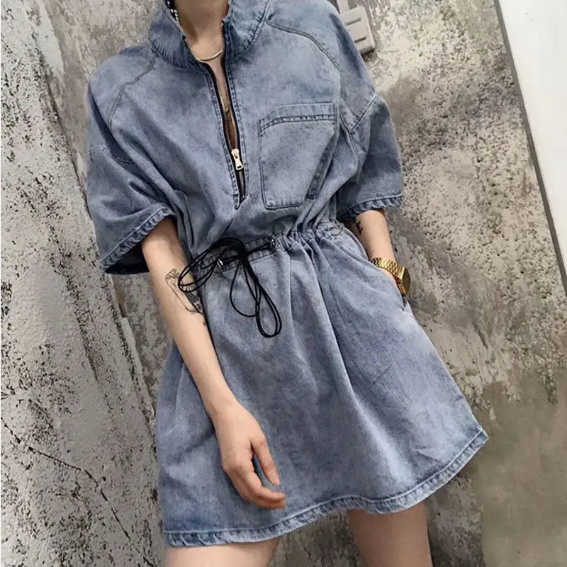 Мини 2021 женское джинсовое платье женский комбинезон А силуэта с талией летние