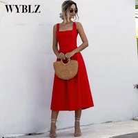 wyblz 2022 new year red dress midi sling dress elegant sexy backless ruched slip long dress women solid simplicity a line dress