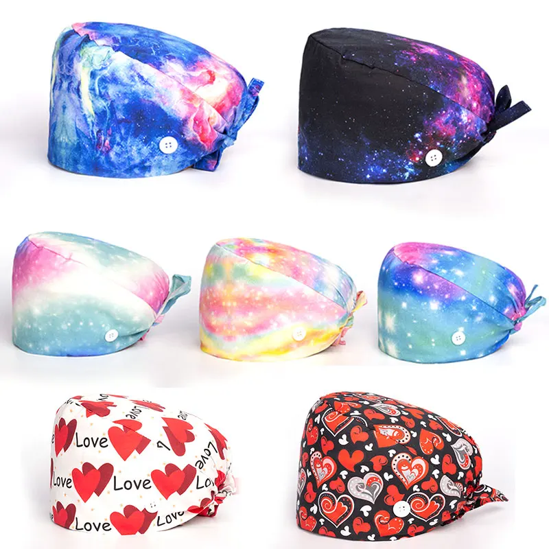 

1PC New Scrub Nurse Hat gorros quirurgicos Floral Bouffant Sanitary Cap with Sweatband Cartoon Printing Nursing Caps Scrub Cap