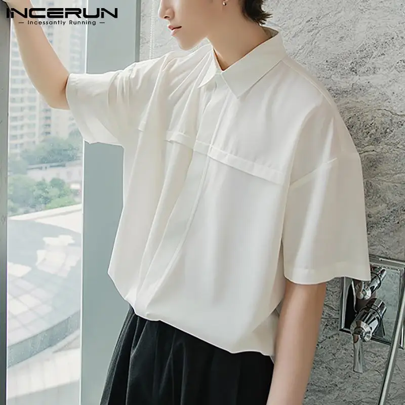 

Summer Shirt Men Solid Color Turn Down Collar Short Sleeve Harajuku Tops 2021 Button Streetwear Casual Camisas Hombre INCERUN