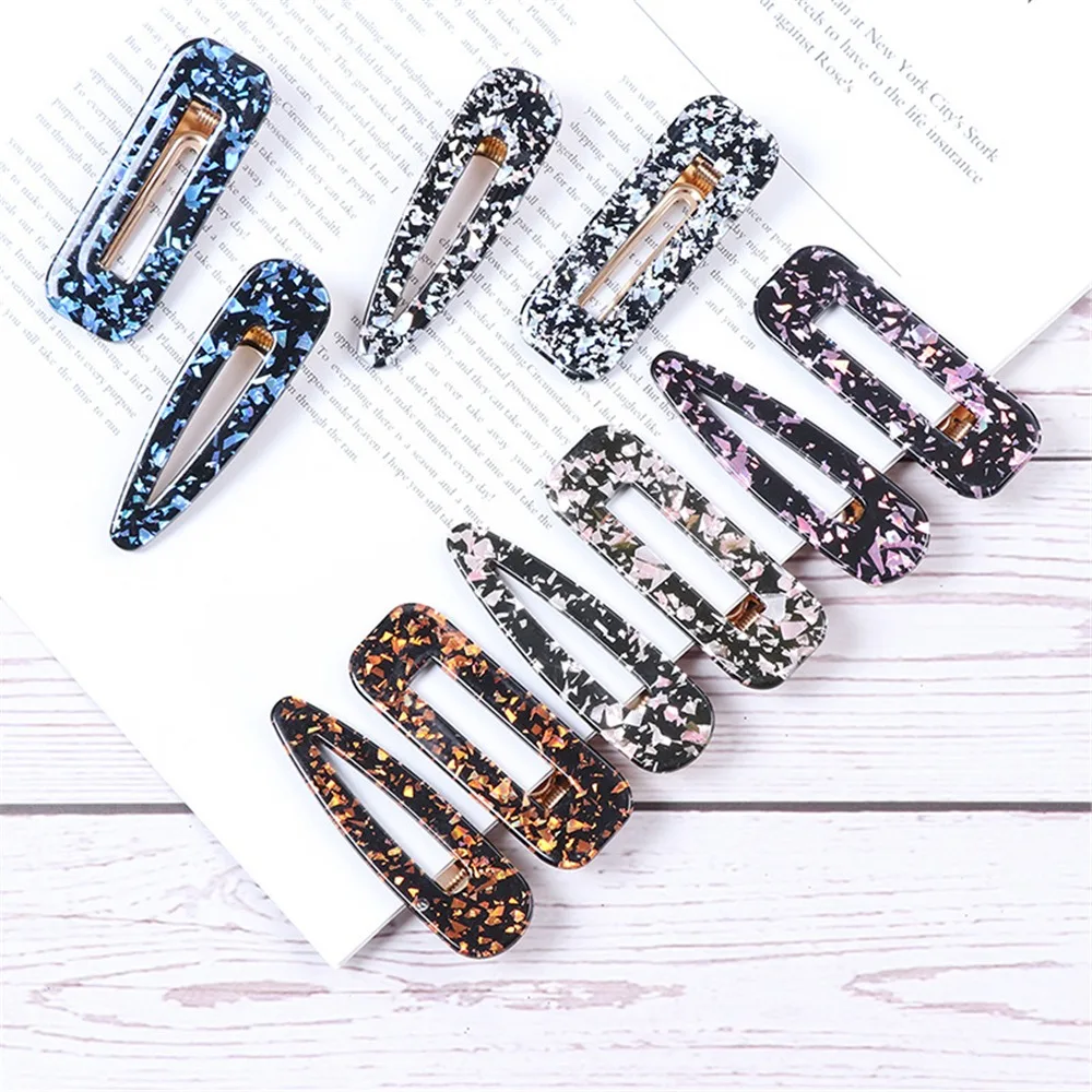 

Women Acetic Acid Hollow Geometric Hair Clips Colored Marble Textured Duckbill Hairpins Water Drop Rectangle Barrettes