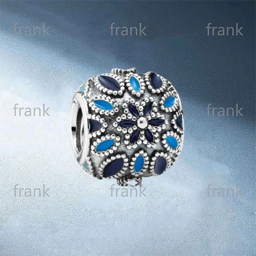 

791374ENMX Floral silver charm with 3 shades of blue enamel