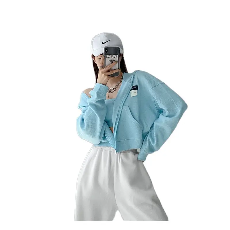 

Waffle Loose Hooded Sweatshirt Women's Spring and Autumn Long Sleeve Sports Jacket Pure Color Labeling Short Navel Crop Top