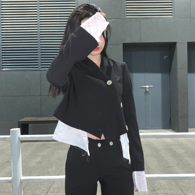 

GVUW Women Black Bandage Patchwork Blazer New Notched Neck Long Sleeve Loose Fit Jacket Fashion Tide Spring Autumn 2021 20D853