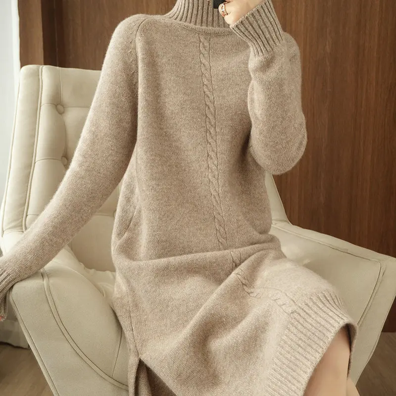 

Женское длинное теплое платье-свитер, Кашемировое вязаное платье выше колена с высоким воротником, Осень-зима 2020