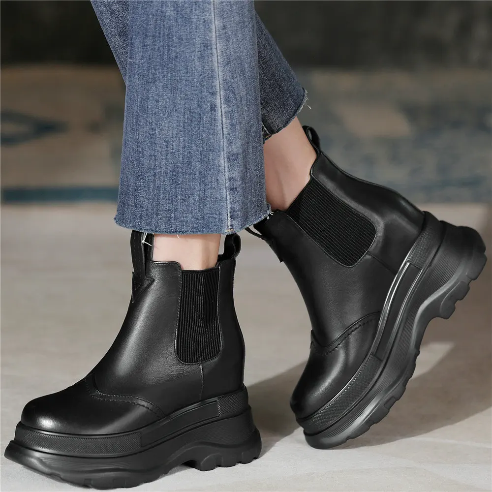 

Increasing Height Platform Ankle Boots Women's Cow Leather Round Toe Brogue Oxfords Female Creeper Shoes Punk Goth Chunky Shoe