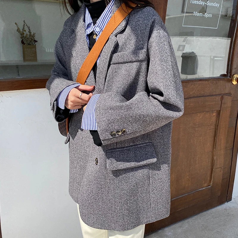 BGTEEVER Ретро стиль свободный клетчатый костюм куртка пальто зима 2019 отложной