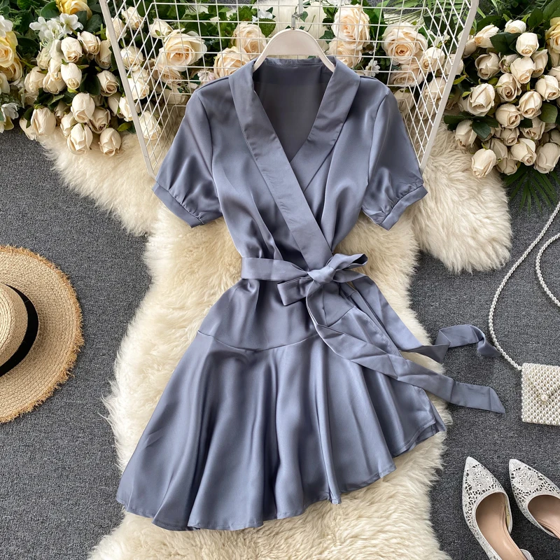 Летнее сатиновое платье 2020 новые асимметричные платья с коротким рукавом и