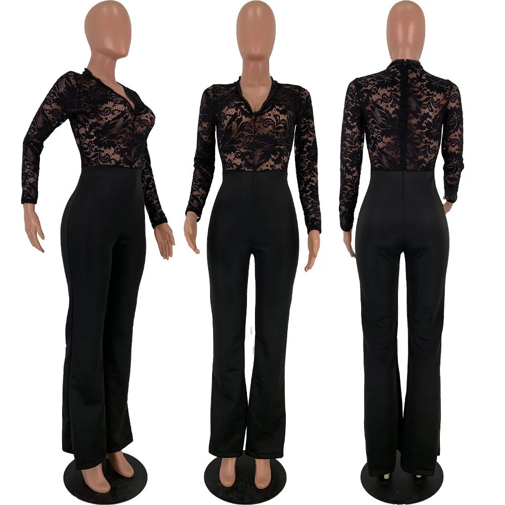 

New Elegant Sheer Black Lace Jumpsuit Womens Rompers Sexy V-neck Patchwork Loose Long Trousers Female Wide Leg Jumpsuit Overalls